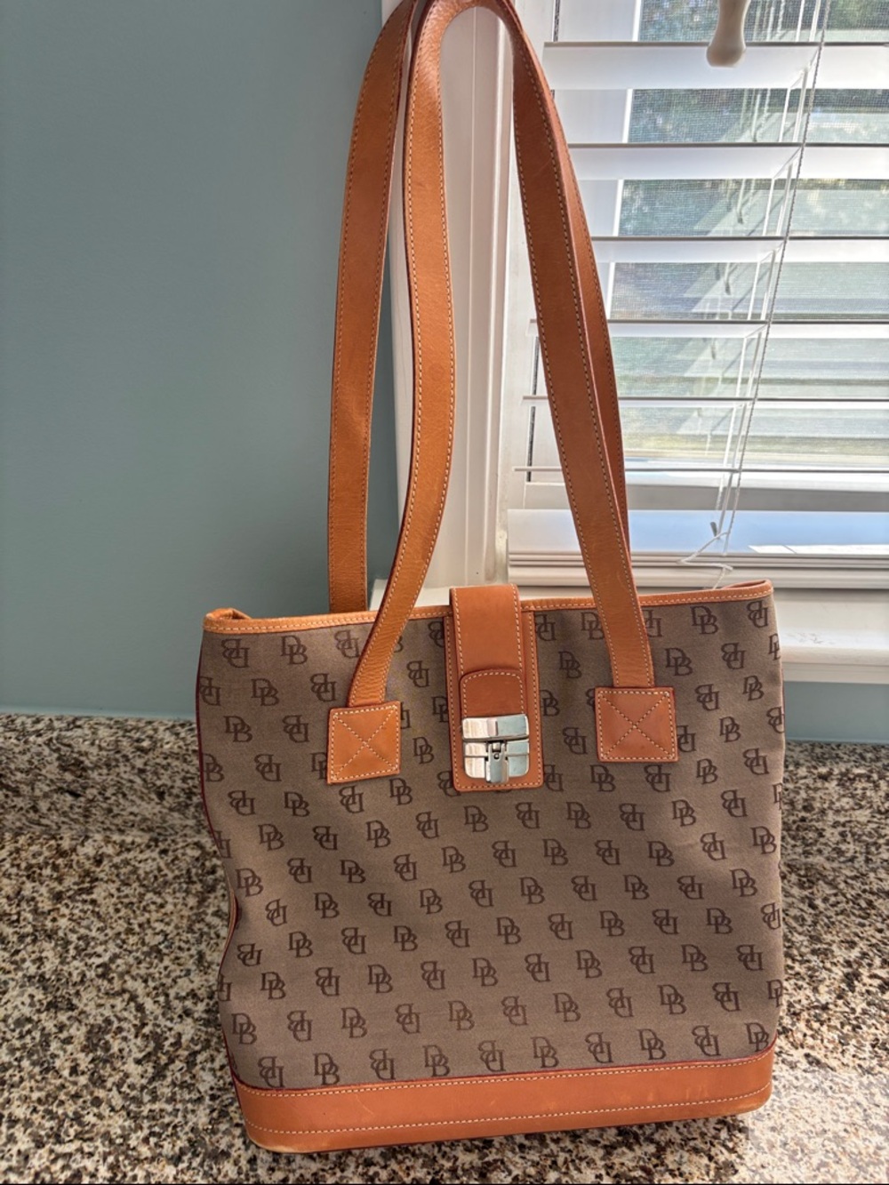 Dooney & Bourke Brown Monogram Tote with Tan Leather Trim